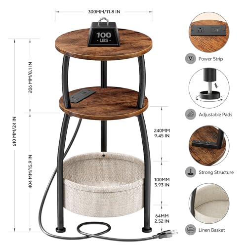 Yuede Rustic Brown Round Side Table with Charging Station - 11.81" Dia
