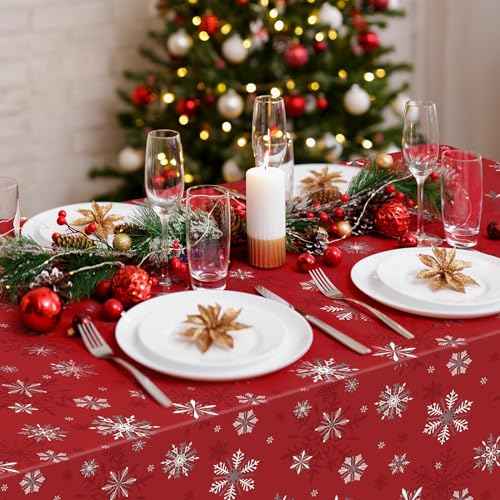 3 Pack Red Christmas Snowflake Plastic Tablecloth Decorations, Red and White Snowflake Christmas Disposable Table Cover for Winter Christmas Holiday New Year Party Supplies Decorations, 54 x 108 Inch