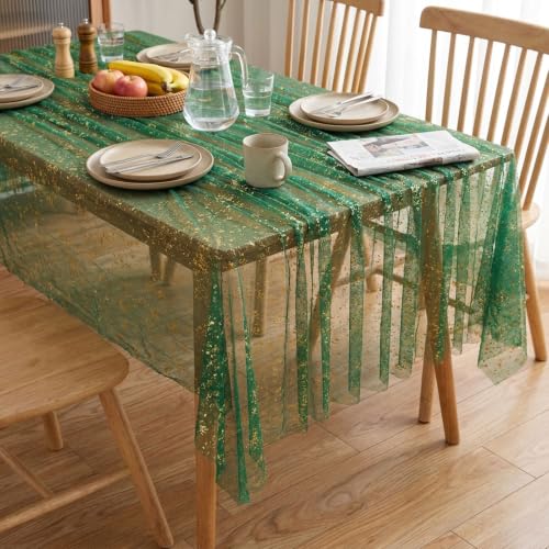 Emerald Green Metallic Foil Gauze Table Cloth 57x120 Inch Rectangular Decor