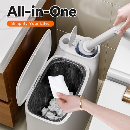 Small Bathroom Trash Can with Toilet Brush Set & 36 Disposable Refills - Space-Saving Dual-Function