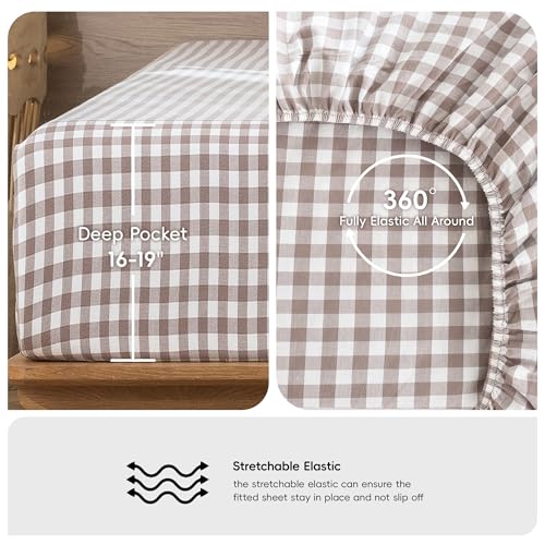 Gingham Sheet Set Queen - Classic Brown 100% Washed Cotton Deep Pocket, Lived-in Feel