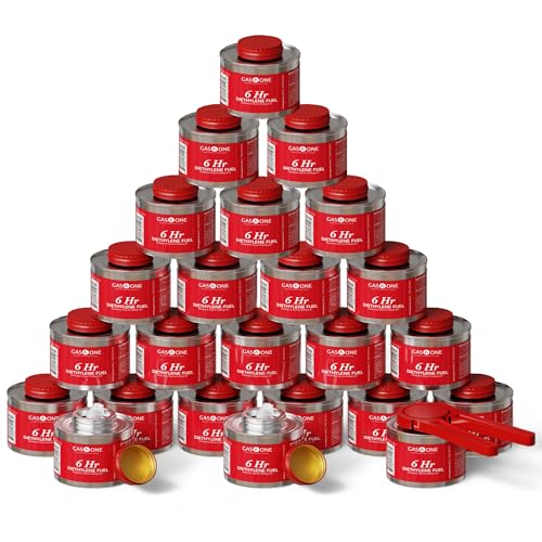 Gas One 24 Pack 6-Hour Chafing Fuel Cans for Food Warmers - Reusable Liquid Safe with Wick & Lid Opener