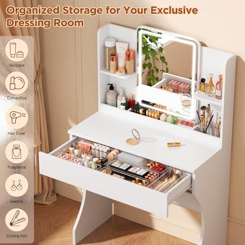 Vinabilia White Small Makeup Vanity Desk with LED Lights & Mirror - Model 1-white