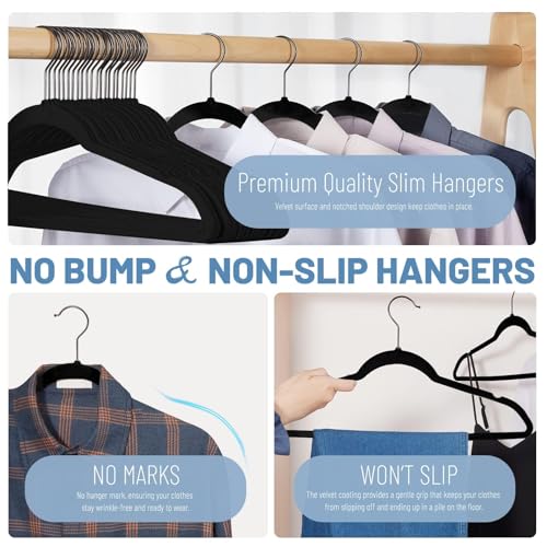 HOUSE DAY 60 Pack Black Velvet Hangers Non-Slip Slim Clothes Closet Organizer
