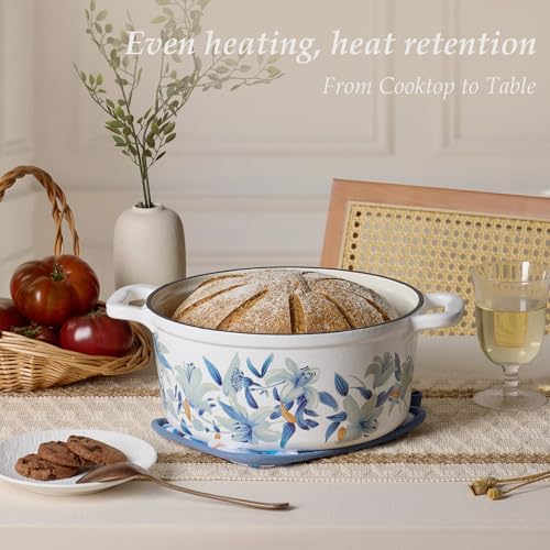 Blue Floral 5QT Enamel Cast Iron Dutch Oven with Lid & Accessories