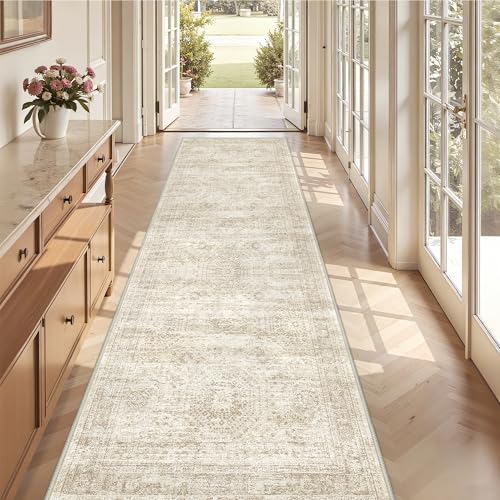 Beige Non-Slip Washable Runner Rug 3x12ft Hallway Carpet - Vintage Style
