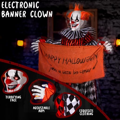Halloween Animatronic Hanging Clown 5ft with Banner Sound & Lights - Creepy Indoor Outdoor Decor