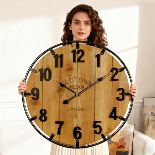 Farmhouse Wall Clock - 30 Inch Wooden & Metal Large Clock - Brown Variation