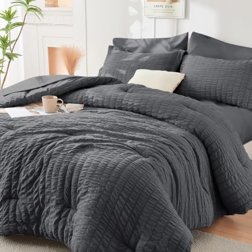 Twin XL Comforter Set 5PCS Seersucker Bedding in a Bag - Dark Grey, HYMOKEGE