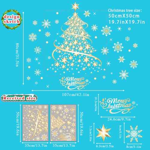 Large Christmas Window Clings for Glass Windows, Golden Christmas Tree Window Stickers Decals for Winter Holiday Door Wall Home Office Party Decorations
