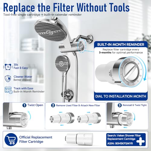 Veken Filtered Shower Head with Handheld - Chrome, Multi-Pattern Rain & Spray Set