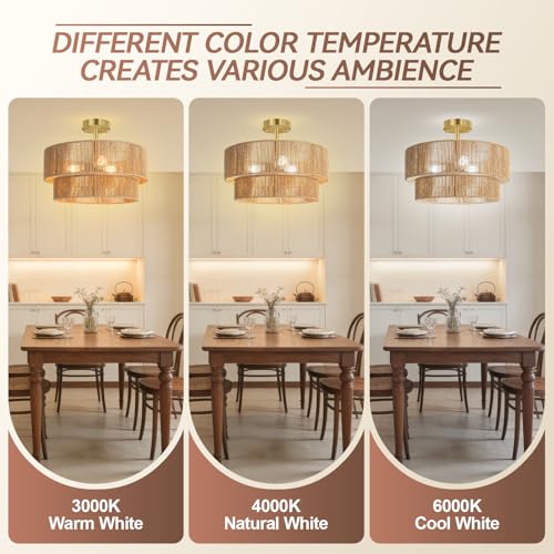 Brown 16.54-Inch Boho Rattan Ceiling Light Fixture - Semi Flush Mount for Bedroom, Dining, Kitchen
