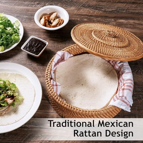 10-Inch Rattan Tortilla Warmer Basket with Cotton Cloth - Keeps Flatbreads Warm