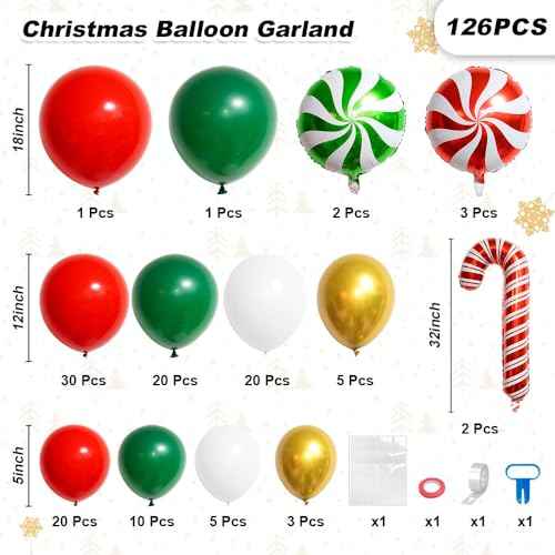 Christmas Decorations Balloons Arch Kit - 126 PCS Red Green White Gold Confetti Xmas Foil Balloons Candy Cane Balloon Garland Arch Kit for Xmas Christmas Decorations Holiday New Year Party Supplies