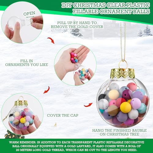 Wettarn 2.36 Inch Clear Fillable Christmas Ornaments Set of 50 with Gold Lid & Rope