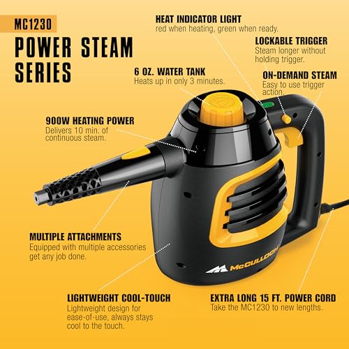 McCulloch MC1230 Handheld Steam Cleaner with 11 Accessories, 10 Min Runtime