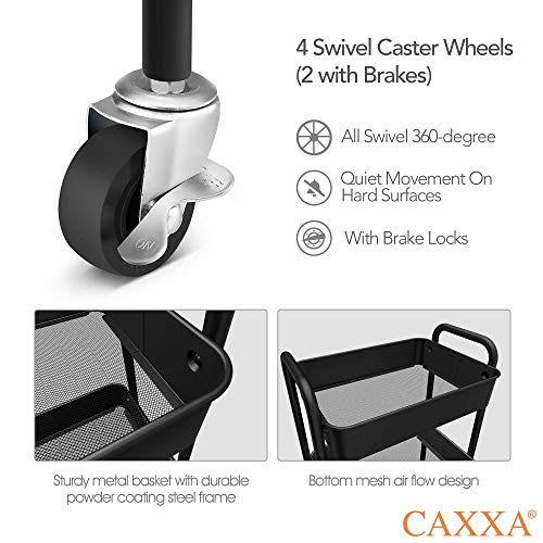 CAXXA 3-Tier Rolling Metal Storage Organizer - Mobile Utility Cart,