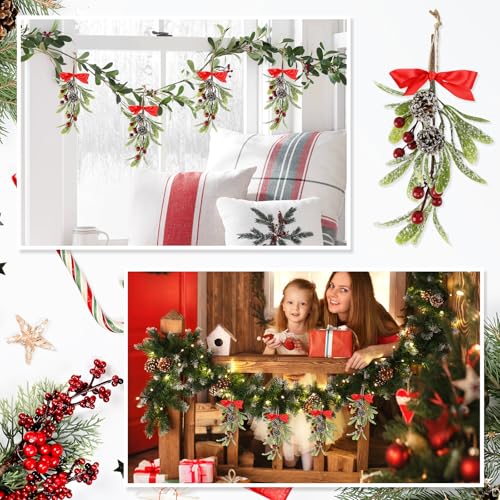 Christmas Mistletoe Decorations Set - 4 Artificial Hanging Kissing Balls with Pinecones & Bows