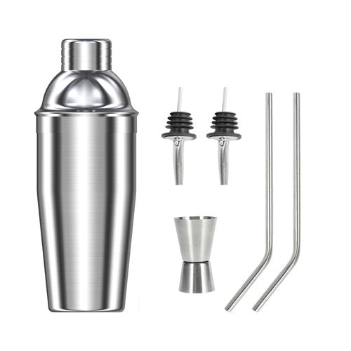 Cocktail Shaker Set, 24 oz, Stainless Steel, with Built-in Strainer, Jigger and Straws