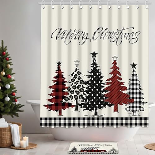 Capoda Plaid 4-Piece Merry Christmas Bath Set: Shower Curtain, 12 Hooks, Non-Slip Rug, Toilet Lid Cover & U-Shape Mat