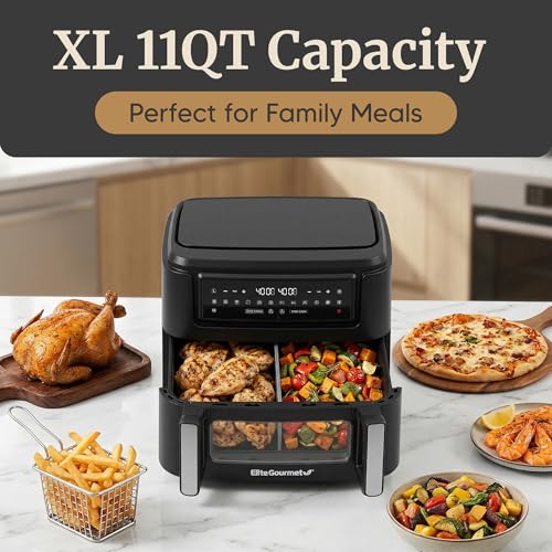 11 Qt Dual Zone Air Fryer Oven - Black, Family Size, 1600W