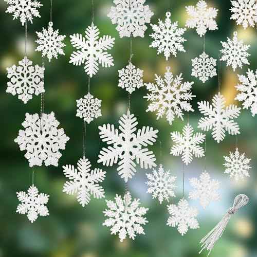 Crafare 48pcs White Plastic Glitter Snowflakes Hanging Ornaments for Christmas Tree Indoor Winter Wonderland Decor