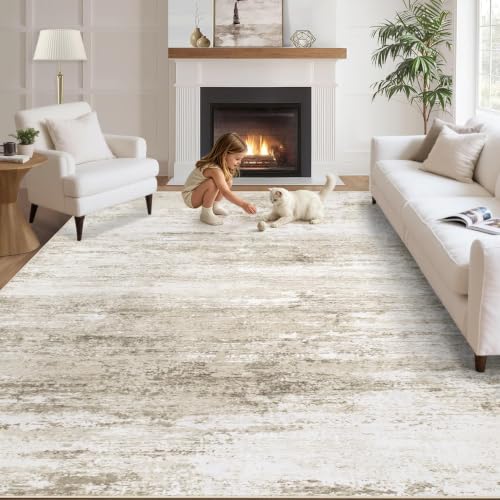 Beige 5x7 Machine Washable Area Rug - Soft Modern Abstract Non Slip Carpet for Living Room Bedroom Kitchen Nursery Office