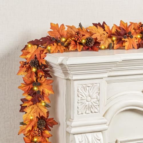 6Ft Fall Garland with 30 Lights & Timer - Autumn Mantle Decor