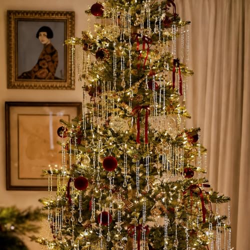Junkin Silver 100 pcs 12.6" Crystal Christmas Ornament Strands for Tree Decor