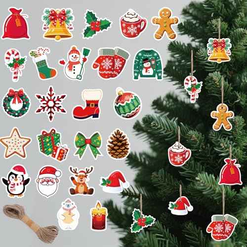 24Pcs Mini Christmas Tree Ornaments, 2¡° Miniature Christmas Tree Ornaments, Xmas Miniatures for Crafts with String for Winter New Year Party Tree Indoor Craft Favors
