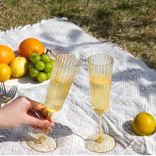 SHIQIKEJIPTY 48 Pack Gold Detachable Ribbed Champagne Glasses - 5.5 oz Plastic Flutes