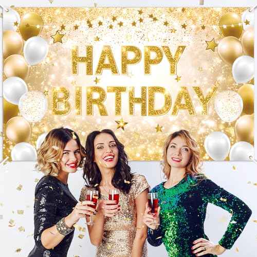 Gold Happy Birthday Decorations Large White Gold Birthday Banner for Women Men Backdrop Banner Poster for Girls Boys Christmas Bday Baby Shower Anniversary Party Supplies