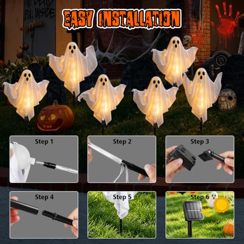 Halloween Ghost Solar Lights Outdoor 6 Pack - Warm White, Weatherproof & Adjustable Arms