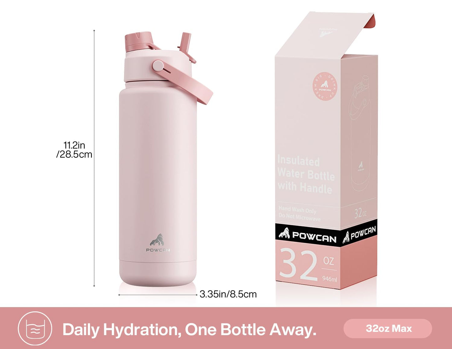 POWCAN 32 oz Insulated Water Bottle with 2-in-1 Straw and Spout Lid, Keep Cold 24H, Leak-Proof, BPA-Free, Double Wall Stainless Steel Water Bottle for Sports, Gym, Travel, Gift, School (Bow Crush)
