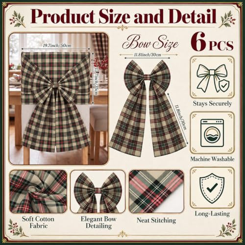 Breling 6 Pcs Christmas Bow Chair Back Covers Tartan Plaid Old Money Style