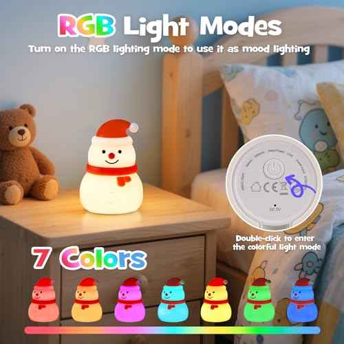 Squishy Christmas Snowman Night Light with RGB Modes Dimmable Nursery Breastfeeding Nightlight Hangable Cute Christmas Lamp Novelty Rechargeable Silicone Touch Bedside Lamp for Bedroom Dorm Decor