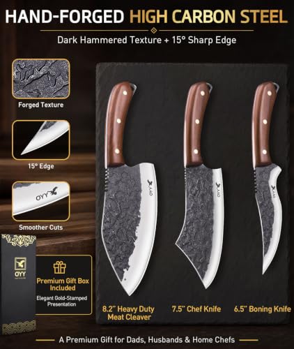 3-Piece Hand Forged Meat and Chef Knife Set with Boning Knife - High Carbon Steel