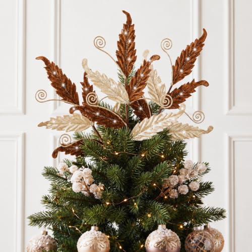 HyDren 10 Pcs Christmas Glitter Leaves Ornaments, Gold & Brown, Festive Decorations