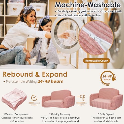 Pink 2-in-1 Convertible Toddler Kids Sofa Chair with Blanket - Foryoomi