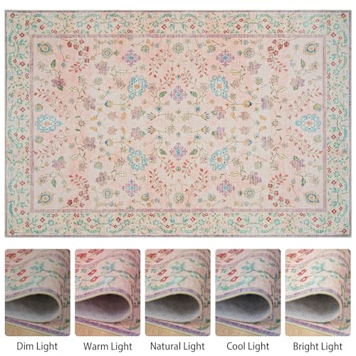 8x10 Pale Pink Floral Rug for Girls Room Non Slip Washable Boho Low Pile Carpet