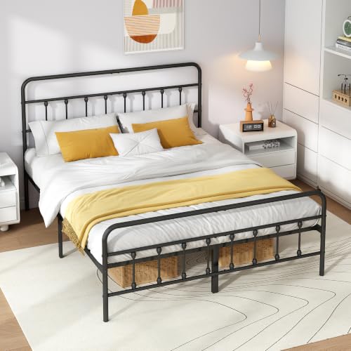 Vengarus Queen Metal Bed Frame with Victorian Headboard & Footboard, Black