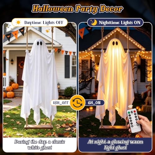 FlyQintess 4.3FT Hanging Ghost Halloween Decor with LED Lights, Outdoor Spooky Ghost for Yard & Porch