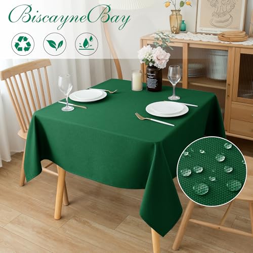 Biscaynebay Textured Fabric Christmas Square Table Cloth 90x90 Inch, Hunter Green Water Resistant Spill Proof Tablecloths for Dining, Kitchen, Wedding and Parties etc. Machine Washable