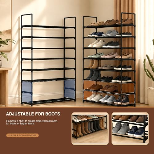 8-Tier Metal Shoe Rack with Hooks - Black, Multi-Use Closet Organizer