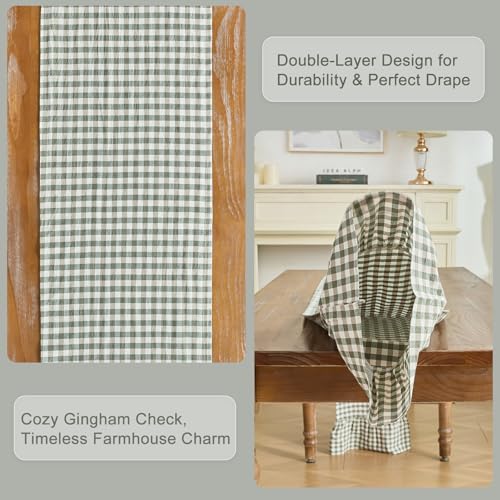 Sage Green Gingham Plaid Ruffle Table Runner 13 x 108 Inch - Farmhouse Cotton