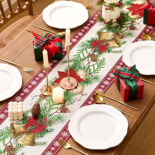 SITUMEIZI Poinsettia Christmas Table Runner Red-White 13x72 Inch Snowflake Holiday Decor