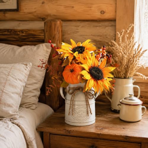 Brown Fall Thanksgiving Centerpiece with Faux Floral and Pumpkin - 13 Inch