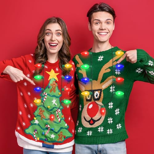 LED Light Up Necklace 9-LED Bulbs for Ugly Christmas Sweater Party Favors (3 Pack)