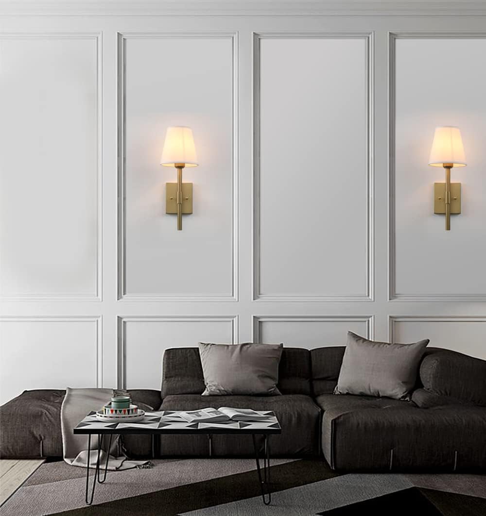 Pathson Set of 2 Hardwired Bathroom Wall Sconces with White Fabric Shade, Cloth Wall Mounted Lighting for Living Room Bedroom Hallway Matte Black Finish Base