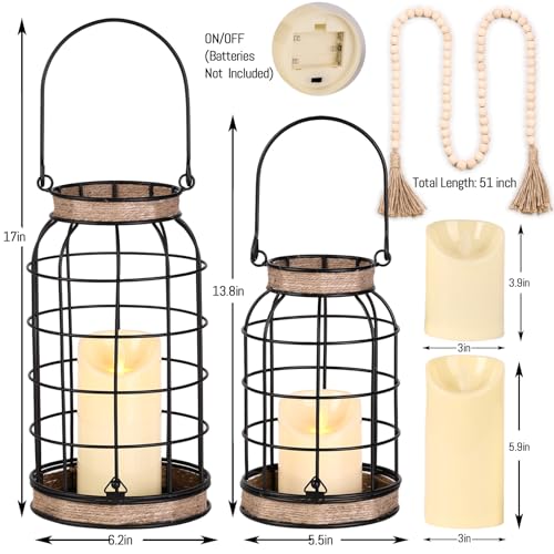 MATAHUM Rustic Farmhouse Candle Lantern Set - 2Pcs with Flameless Candles, Boho Decor